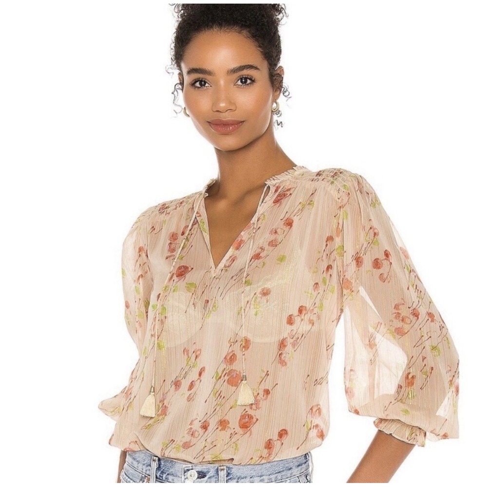 PAIGE Indira Afterglow Peach Sheer Floral Blouse Smocked Tassels Size S